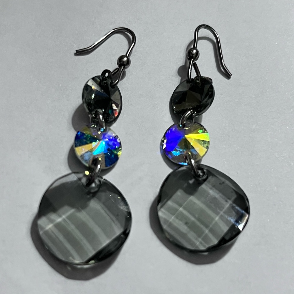 Silver-tone and Gray Sparkle Three-Tiered Earrings